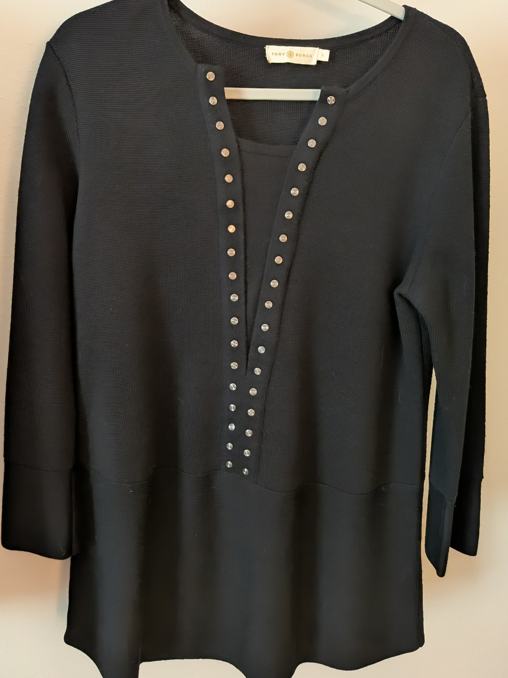 Tory Burch Black Merino Wool Studded Tunic Sweater Size Large